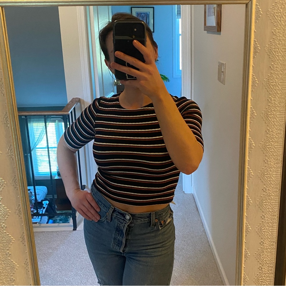Cropped striped ribbed sweater